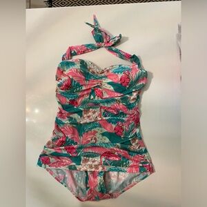 Bettie Page pinup style flamingo swimsuit
